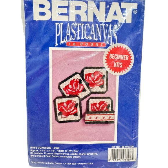 Plastic Canvas Rose Coasters & Caddy Kit Bernat 3.25"x 3.25" NIP Red Pink Flower - Picture 2 of 4